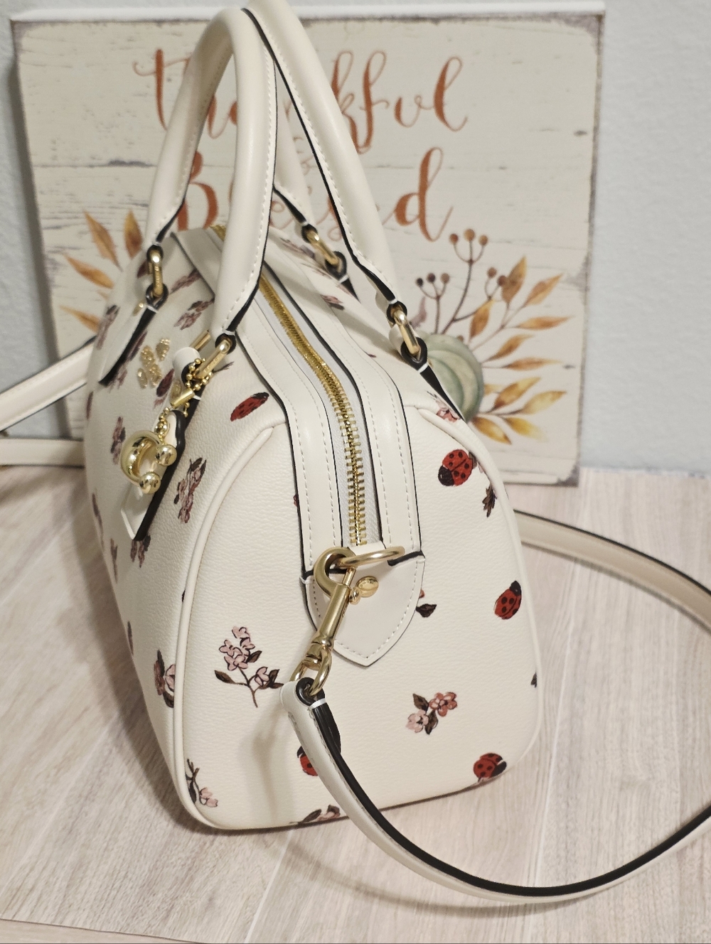 Coach RARE Rowan MEDIUM Crossbody Chalk Ladybug Floral + gold Coach C charm ๐๐ - Picture 11 of 16